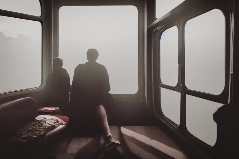 Prompt: Inside the train, some people are sitting, the train is sailing on the water, the windows are fluttering with transparent gauze curtains, the sun shines in, fog and swans over the river, indoor scene, cinematic, 8k, masterpiece, light effect, ue5, photoshop