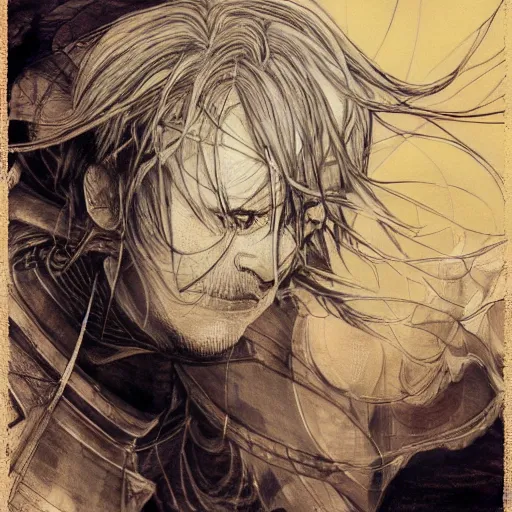 Prompt: yoshitaka amano blurred and dreamy realistic illustration of a phil lamarr with black eyes, wavy white hair fluttering in the wind wearing elden ring armor with engraving, abstract patterns in the background, satoshi kon anime, noisy film grain effect, highly detailed, renaissance oil painting, weird portrait angle, blurred lost edges, three quarter view