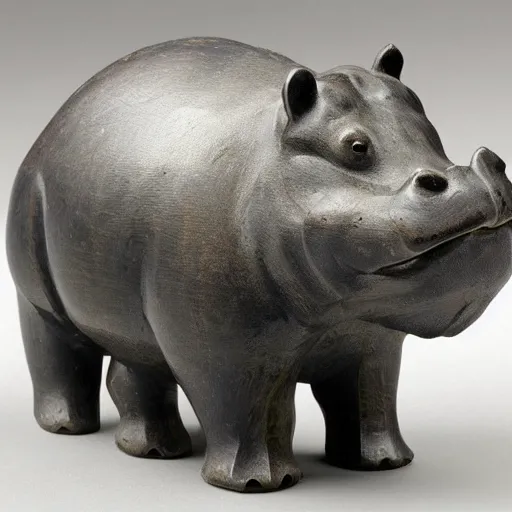 Prompt: small hippo statue, wood blocks bottom hippo body, blue chrome top hippo body, by a genius craftsman, highly detailed