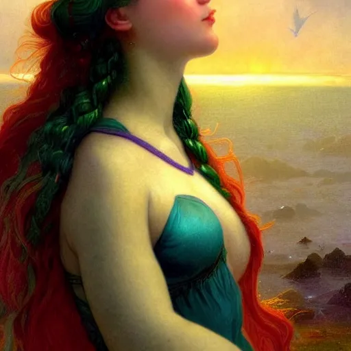 Image similar to a beautiful stunning interesting detailed fantasy whimsical matte digital portrait illustration of a mermaid with blue-green hair, yellow-orange and red-violet spectacular sunset, in the style of William Adolphe-Bouguereau and Marc Simonetti, magic the gathering, trending on artstation hq, contest winner