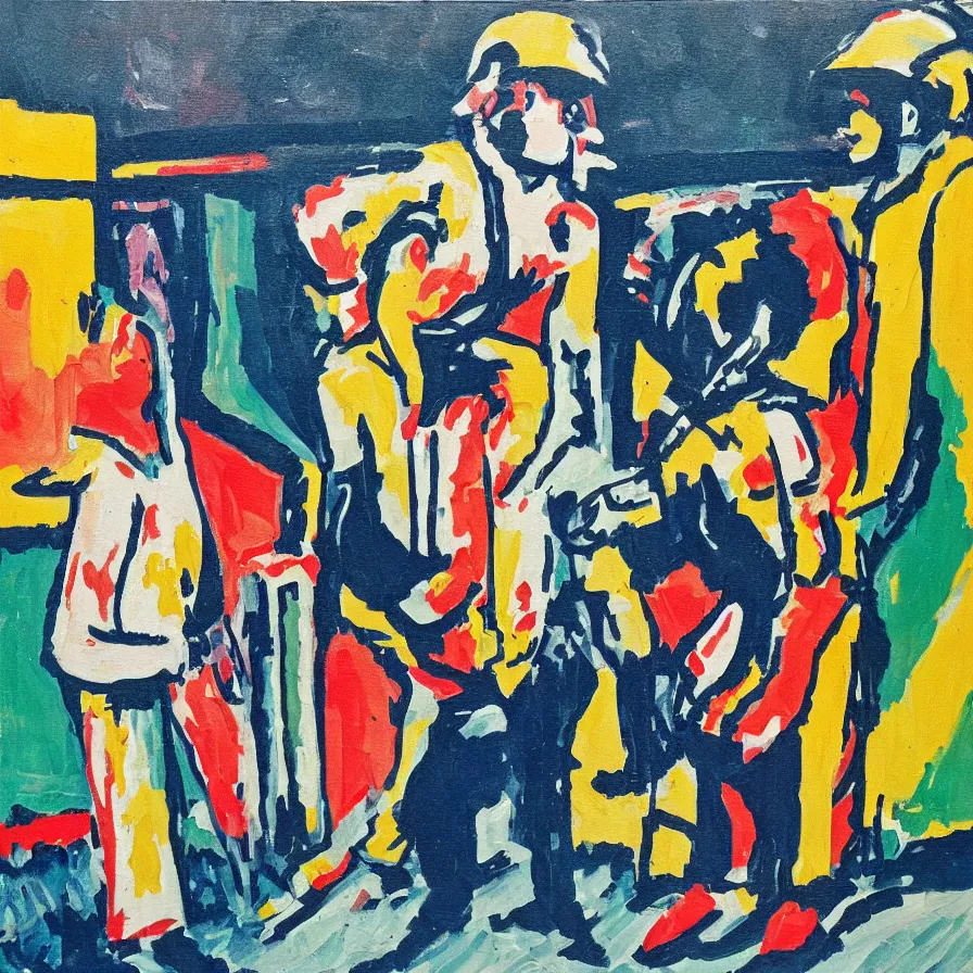 Prompt: a painting of a coal miner and an astronaut standing in front of an american diner in the style of Ernst Ludwig Kirchner