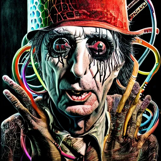 Image similar to graphic illustration, creative design, alice cooper, biopunk, francis bacon, highly detailed, hunter s thompson, concept art, mixed media