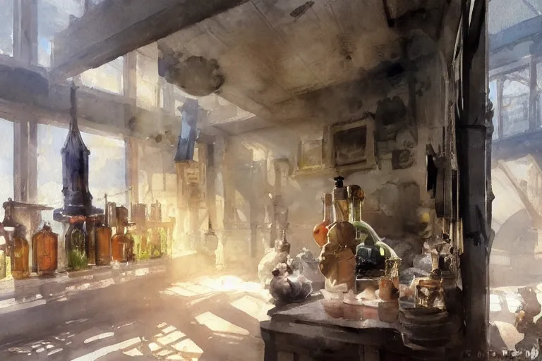 Prompt: paint brush strokes, abstract watercolor painting of medieval pharmacy, glass bottles, copper, backlit ambient light, dust, art by hans dahl, by jesper ejsing, art by anders zorn, wonderful masterpiece by greg rutkowski, cinematic light, american romanticism by greg manchess, creation by tyler edlin