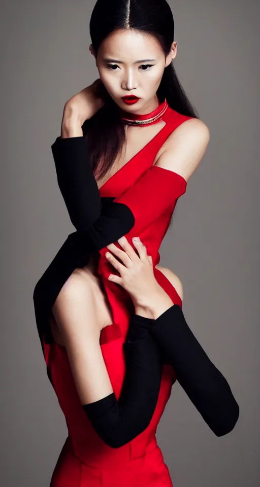 Image similar to vogue fashion model portrait asian woman, black and red, elegant