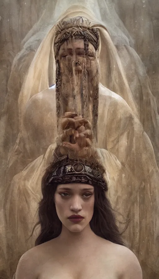 Prompt: Concept Art of cinematography of Terrence Malick film stunning portrait of featuring Kat Dennings as an ancient babylonian priestess, by Monia Merlo