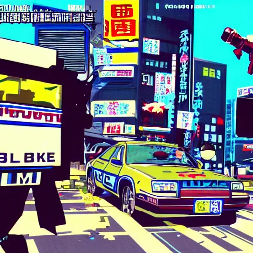 Prompt: 1993 Video Game Screenshot, Anime Neo-tokyo bank robbers vs police shootout, bags of money, Police Shot, Violent, Action, MP5S, FLCL, Highly Detailed, 8k :4 by Katsuhiro Otomo + Studio Gainax + Arc System Works : 8