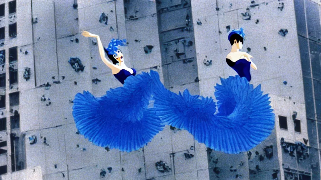 Prompt: a woman in a blue dress wearing a blue swan mask falling from a building in Tokyo , film still from the an anime directed by Katsuhiro Otomo with art direction by Salvador Dalí, wide lens