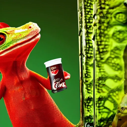 Image similar to gecko advertising the drink coca cola to all his chameleon friends, promo photo