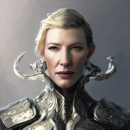 Image similar to portrait of cate blanchett in a platinum armor, intricate, headshot, highly detailed, digital painting, artstation, concept art, sharp focus, cinematic lighting, illustration, art by artgerm and greg rutkowski, alphonse mucha, cgsociety