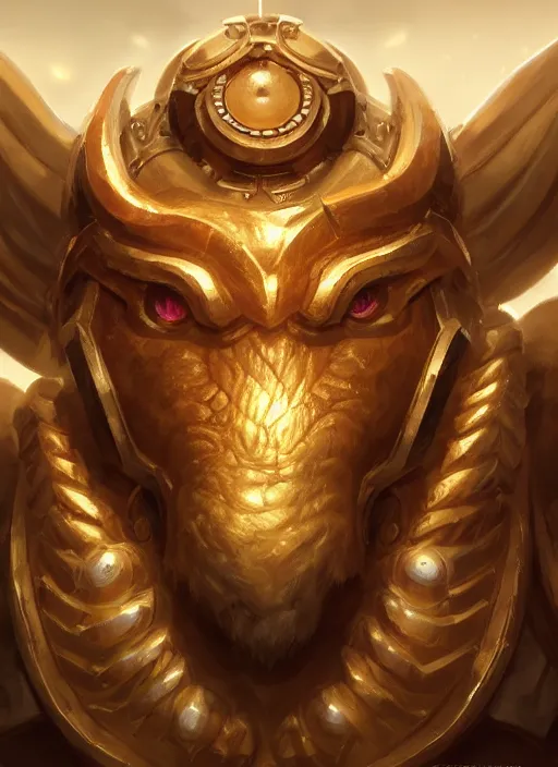 Image similar to a highly detailed illustration of gentle colossal golden horned mechanical giant, with cute doting eyes, intricate, elegant, highly detailed, centered, digital painting, artstation, concept art, smooth, sharp focus, league of legends concept art, wlop.