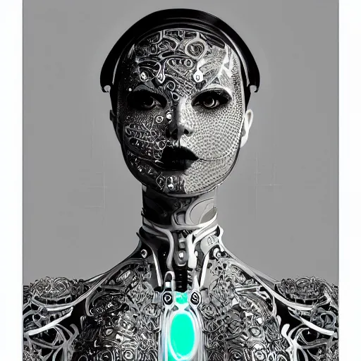 Image similar to the portrait of an absurdly graceful, sophisticated, fashionable ottomanpunk robotess idol, an ultrafine hyperdetailed illustration by kim jisu, intricate linework, neon wiring, electronics, porcelain skin, unreal engine 5 highly rendered, global illumination, radiant light, detailed and intricate environment, by rutkowski, artgerm, marvel comics