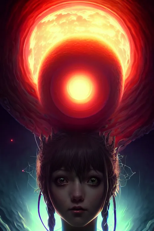 Image similar to azathoth girl save the earth, occlusion shadow, specular reflection, rim light, unreal engine, artgerm, artstation, art by hiroaki samura and ilya kuvshinov and ossdraws, intricate, highly detailed 8 k, cosmic horror illustration, extremely beautiful and aesthetic shape of face and body, movie poster