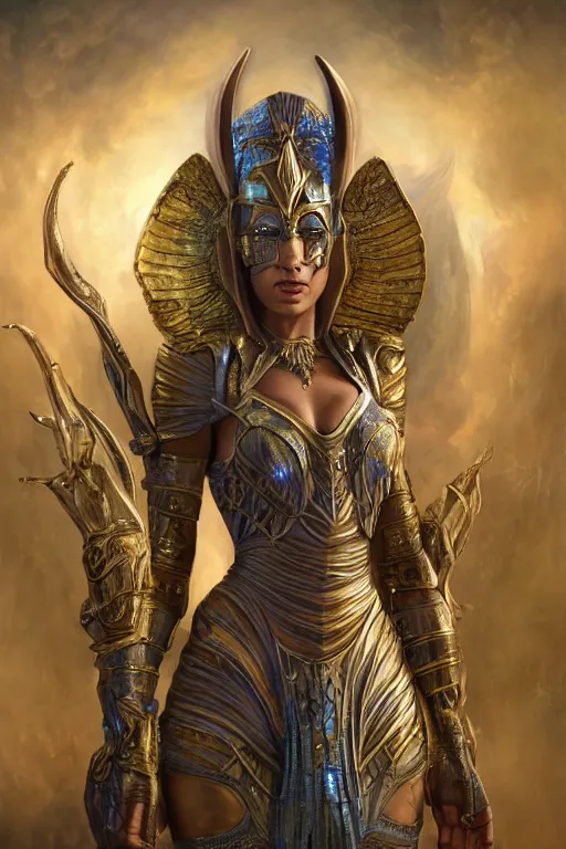 Image similar to Mystical Valkyrie, Portrait of a beautiful female Atlantean Anubis Alien Warrior, Regal, Realistic, Refined, Detailed Digital Art, Oil Painting, Michael Cheval, Esao Andrews, Art Frahm, Steampunk, Walt Disney (1937), Highly Detailed, Cinematic Lighting, Unreal Engine, 8k, HD