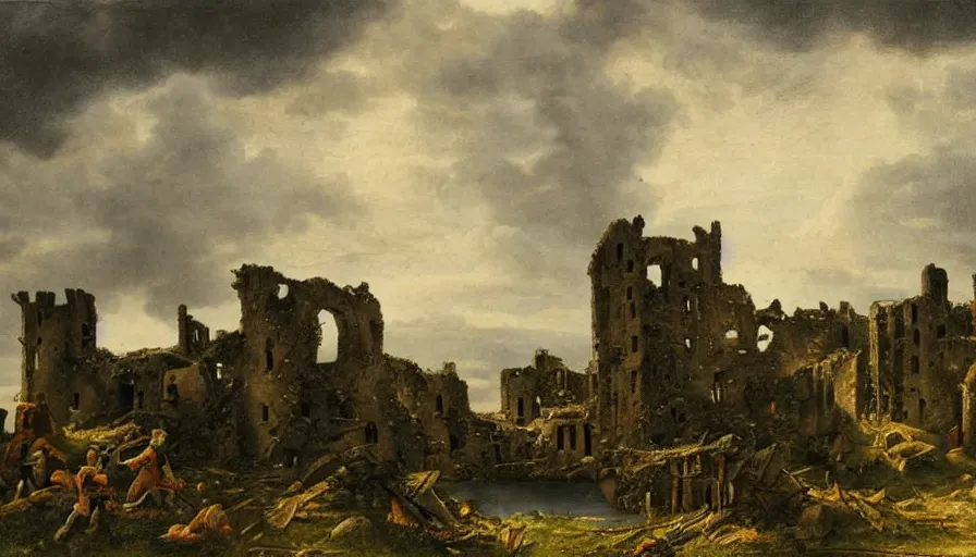 Image similar to huge castle in ruins, ruined castle, castle ruins with a dark cloudy stormy sky, striking landscape, dramatic scene during the first anglo - dutch war painted by jan beerstraaten