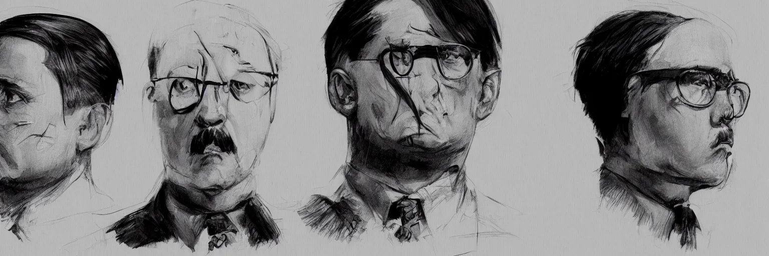 Prompt: character study of mike patton and adolf hitler, glasses, evil, character sheet, fine details, concept design, contrast, kim jung gi, greg rutkowski and francis bacon, trending on artstation, 8 k, full body and head, turnaround, front view, back view, ultra wide angle