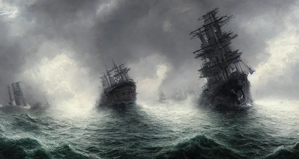 Image similar to enormous sailing battleship, raging sea foggy, dramatic, action scene, stormy background, shipfleet on the horizon, high detail, greg rutkowski, james gurney, gene wolfe, gustave dore, jesper ejsing, rhads, makoto shinkai, ilya kuvshinov