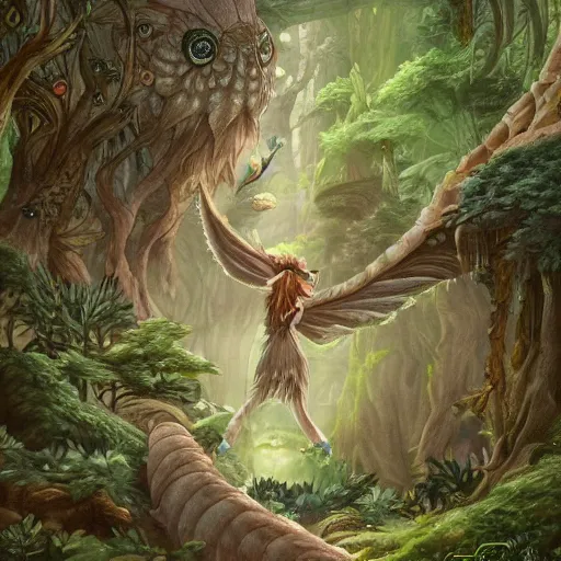 Image similar to fantasy creature in the forest in the ghibli artstyle, art 8k detailed, smooth, highly detailed, ghibli