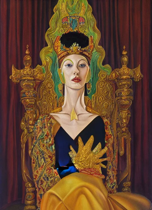 Image similar to oil painting of portait Queen of Ecstasy in a large throne room, Hungarian, by Georgia o Keeffe, by Marcel Jankowicz, animation