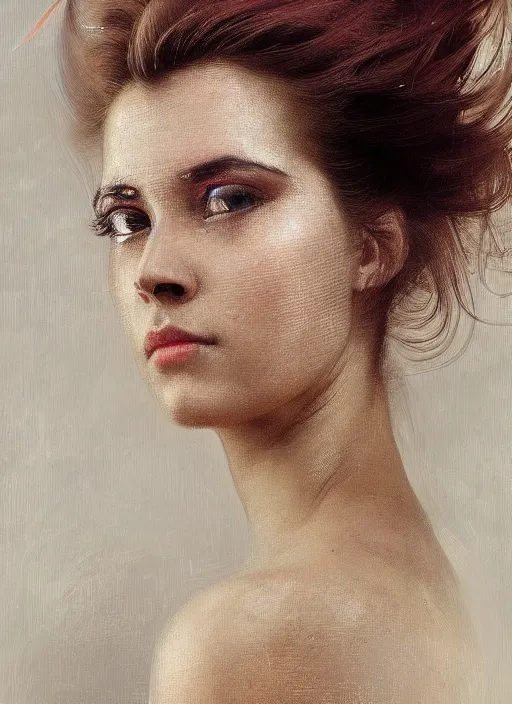 Image similar to a highly detailed photo of very intricate female face portrait, futurism, rococo cyber neon lighting, detailed futuristic fibonacci jewelry, profile posing, hyper photorealistic, trending in pinterest, cinematic, 4 k ultra hd, by denis villeneuve tom anders zorn hans dragan bibin thoma greg rutkowski ismail inceoglu illustrated sand storm alphonse mucha