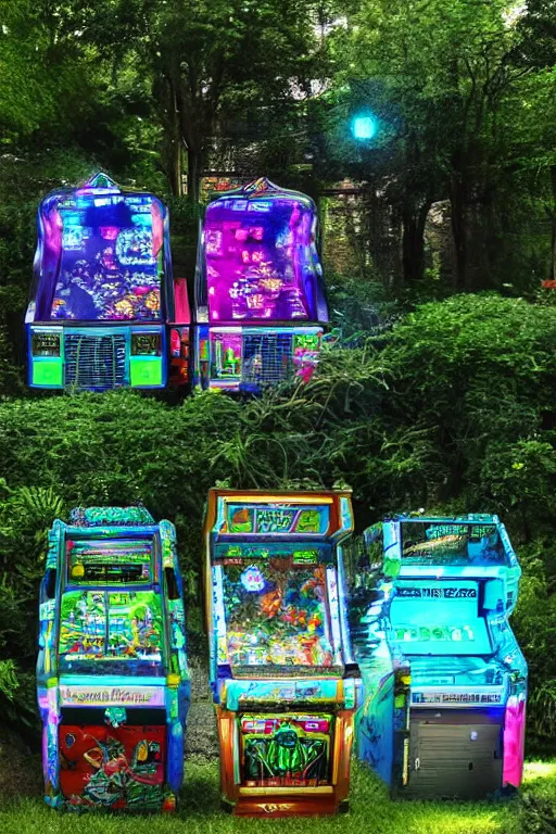 Image similar to al fresco arcade holographic pinball tables in the garden ruins, tree spirits kodama forestfolk excitedly gather round to set a new high score, neon pinball fantasy forest festival