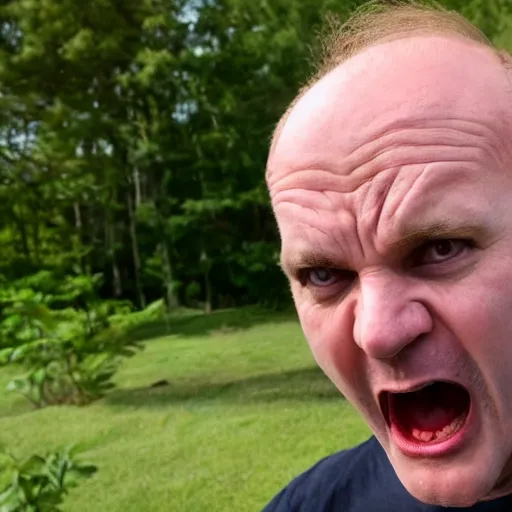 Image similar to an extremely angry, screaming, scary, balding middle aged white man looking at the camera