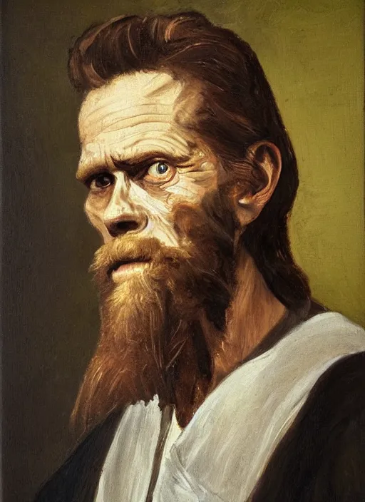 Image similar to portrait painting of willem dafoe with short beard, renaissance oil painting, studious chiaroscuro