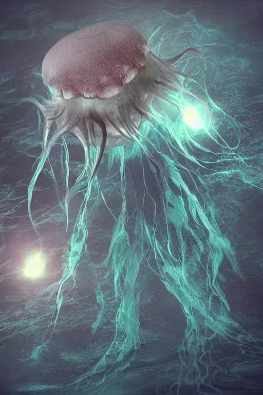 Prompt: one abyssal luminescent scary jellyfish swimming in the dark depths of the ocean, horror, dark art, 3 d render, digital art, digital painting, volumetric light by moebius.