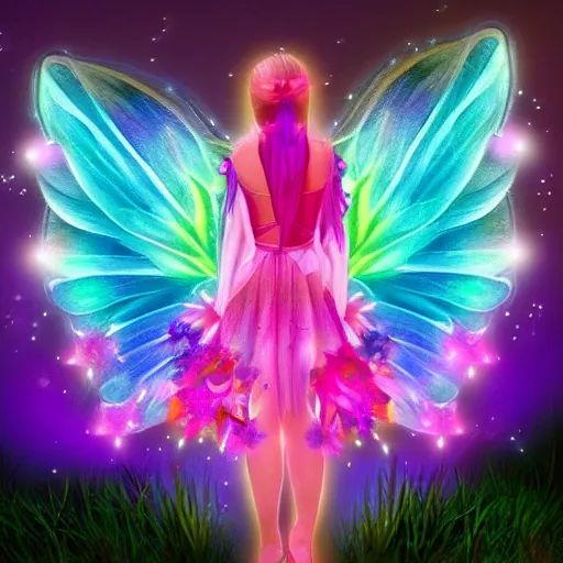 Prompt: fairy princess, galaxy wings, woodland grove, neon wings beautiful colorful pretty artistic 4 k artstation trending dramatic lighting realistic floral garden blooming flowers