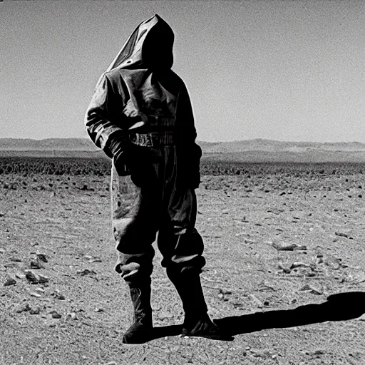 Image similar to a man wearing a hazmat suit and gasmask in desert, arriflex 35, film still, cinematic composition