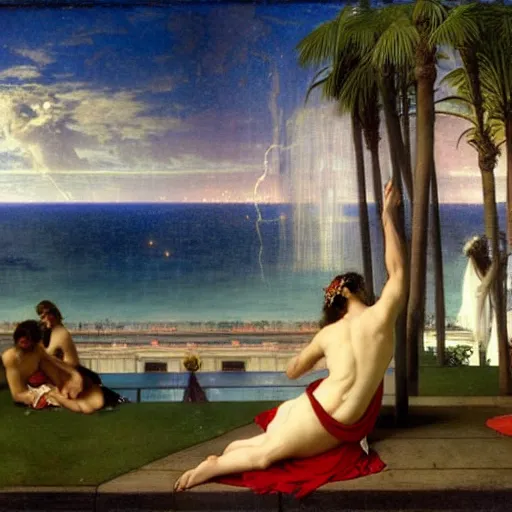 Prompt: blood dripping chalice at the palace, thunderstorm, greek pool, beach and palm trees on the background major arcana sky, by paul delaroche, alphonse mucha and arnold böcklin arnold böcklin hyperrealistic 8k, very detailed