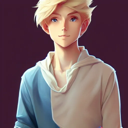 Prompt: young man with short, ash blond hair, path traced, highly detailed, high quality, digital painting, by don bluth and ross tran and studio ghibli and alphonse mucha, artgerm, 4 k, fantasy painting, sylvain sarrailh