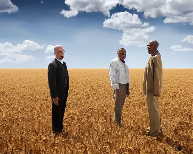 Image similar to extreme long shot of walter white and gustavo fring standing facing each other from a distance in a wheat field, low angle, side view, perfect angle, 8 5 mm photograph, 8 k resolution, wide shot, sharp lens, high detail, cinematic