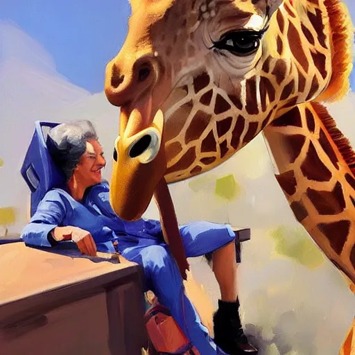 Image similar to a giraffe dressed like an astronaut drinking tea with queen isabel, trending on artstation, art by greg manchess, guangjian, detailed digital art, artstation hd