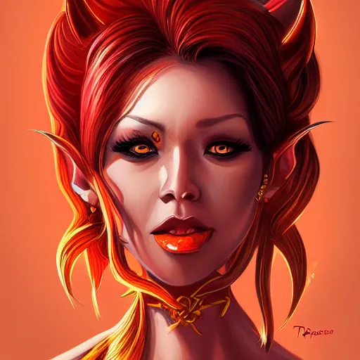 Prompt: illustrated portrait of orange-skinned devil woman by rossdraws