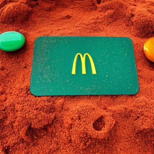 Image similar to mcdonalds on a red sand beach, green ocean, nebula sunset