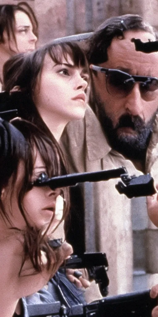 Image similar to Emma Watson and Jean Reno in Leon The Professional holding guns