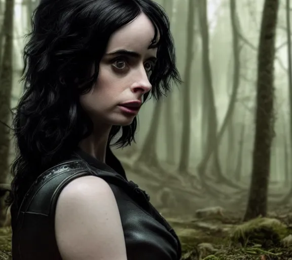 Image similar to 5 5 mm close up portrait photo of krysten ritter as yennefer of vengerberg in black leather armor and black hair, in a forest. magical atmosphere. art by greg rutkowski. lifelike. very detailed 8 k. intricate. soft light. nikon d 8 5 0.