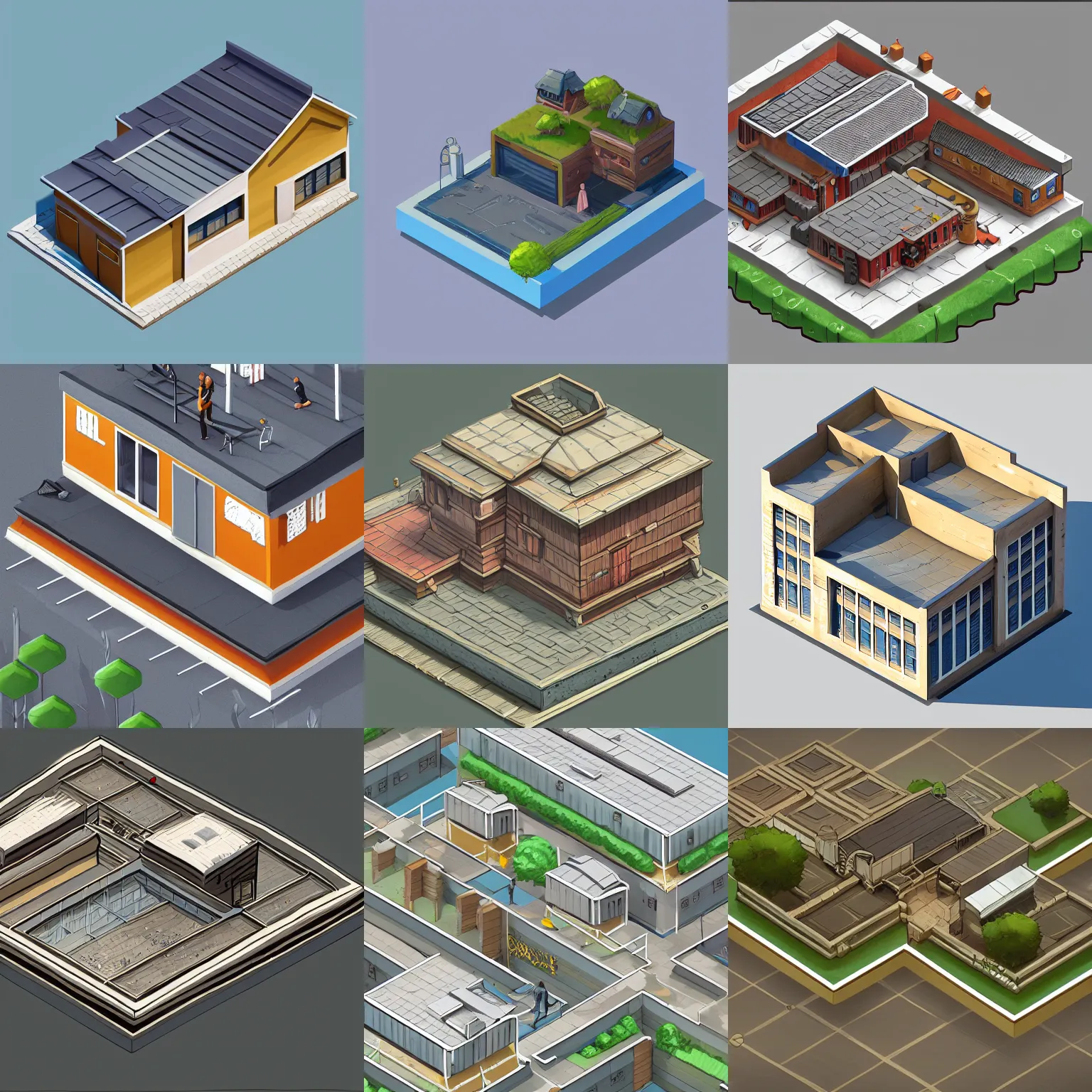 Prompt: isometric house, commercial flat roof building, concept art, by senior environment artist, featured on polycount, romanesque, 2d game art, isometric, artstation