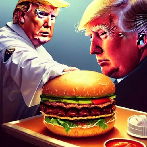 Image similar to Donald Trump performing emergency surgery on a big mac hamburger, dripping BBQ Sauce, serving burgers, hospital room, intricate, elegant, highly detailed, digital painting, artstation, concept art, matte, sharp focus, illustration, art by Artgerm and Greg Rutkowski and Alphonse Mucha