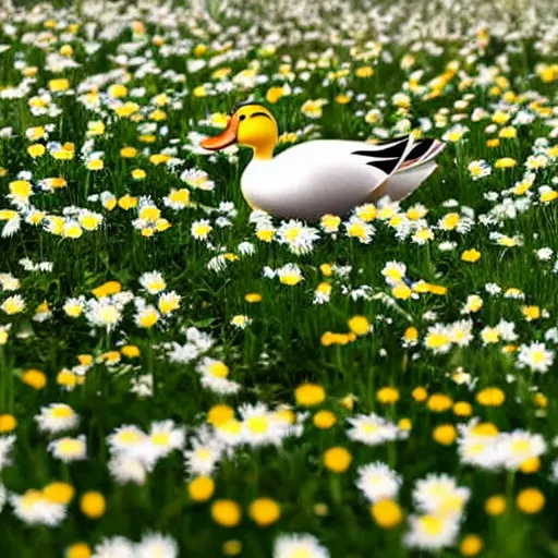 Prompt: a duck in a field of daisies on a bright sunny day, duck surrounded by daisies, with clouds in the sky, lots of little daisies in the field, disney pixar style