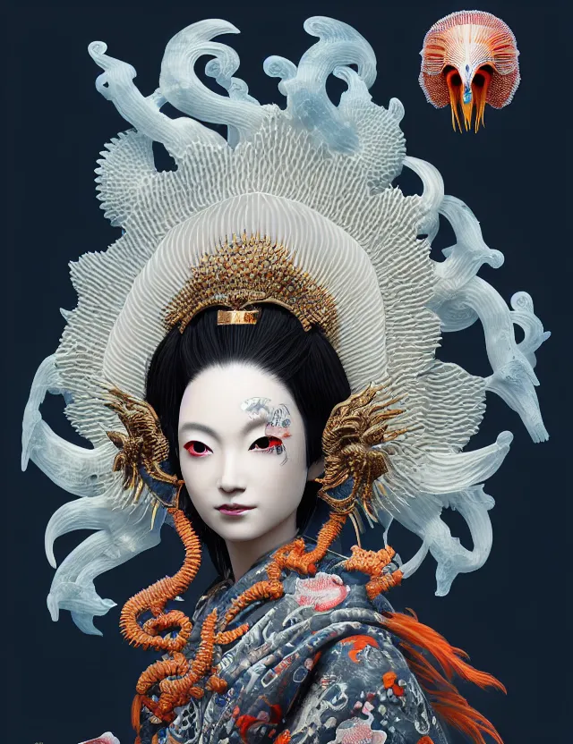 Image similar to 3 d goddess close - up profile portrait with crown, ram skull. beautiful intricately detailed japanese crow kitsune mask and clasical japanese kimono. betta fish, jellyfish phoenix, bio luminescent, plasma, ice, water, wind, creature, artwork by tooth wu and wlop and beeple and greg rutkowski