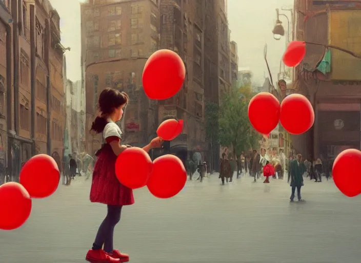 Prompt: wide angle street scene shot todd solondz a young girl holds a bunch of 9 9 red balloons, impressionistic, todd solondz, alphonse mucha, rhads, rebecca guay, artstation, artgerm, octane render,