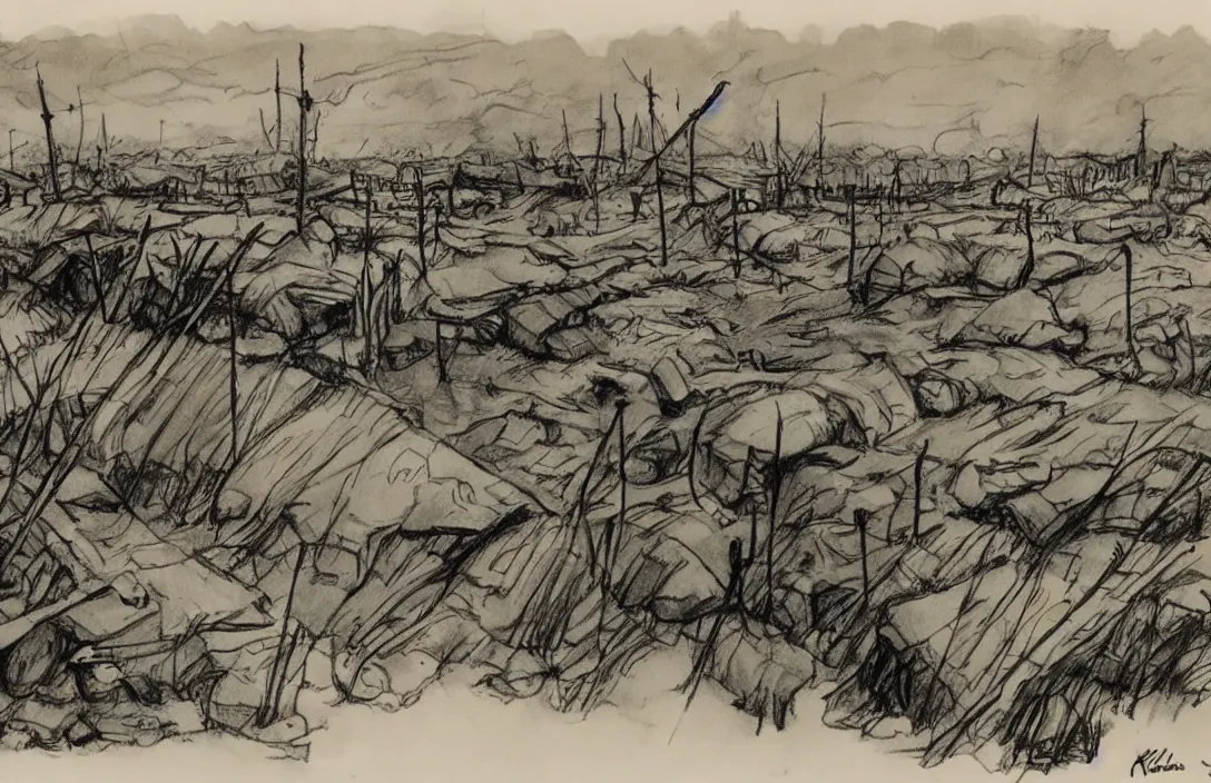 Image similar to milt kahl sketch of world war 1 trenches with the city of miami in the background