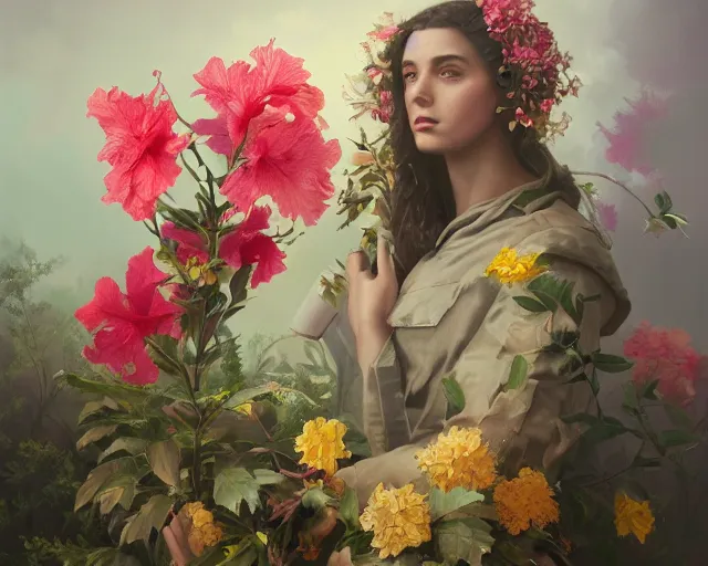 Prompt: a beautiful fine art portrait photo of a nuclear warhaed bomb covered by hibiscus, daffodils, hydrangea, montsera leaves by tom bagshaw and zach sutton, very detailed, artstation, 8 k