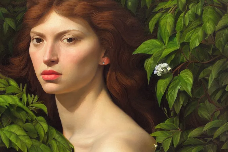 Prompt: hyperrealism, close-up Portrait of a woman hiding in the bushes, in style of classicism