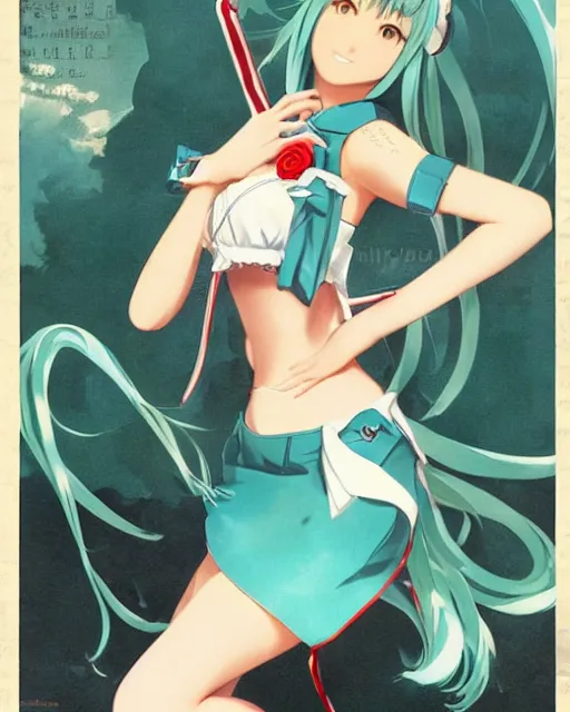 Prompt: Hatsune Miku full body pin up modeling in idol unioform, with a park in the back ground, post war style, detailed face, american postcard art style, by Gil Elvgren and krenz cushart