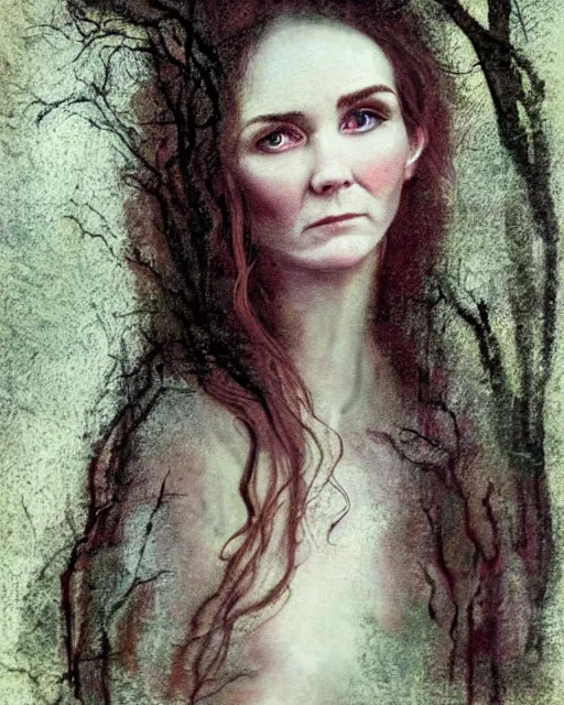 Image similar to a beautiful and eerie baroque painting of a gorgeous young woman who looks like shirley henderson, with wild hair and haunted eyes, 1 9 7 0 s, woodland, afternoon light, mixed media embellishments