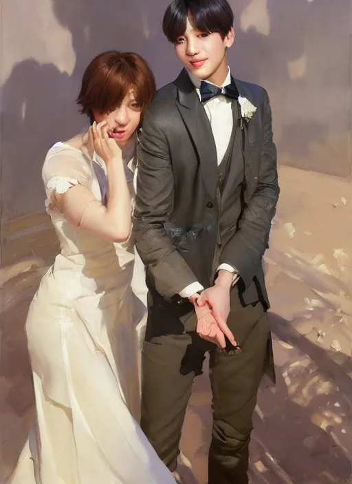 Image similar to jungkook and taehyung of bts getting married in las vegas, jodhpurs hyperborea winter traveler treasure hunter greg manchess painting by sargent and leyendecker, fantasy, medium shot, asymmetrical, intricate, elegant, matte painting, illustration, hearthstone, by rhads, by greg rutkowski, by greg tocchini, by james gilleard, by joe fenton