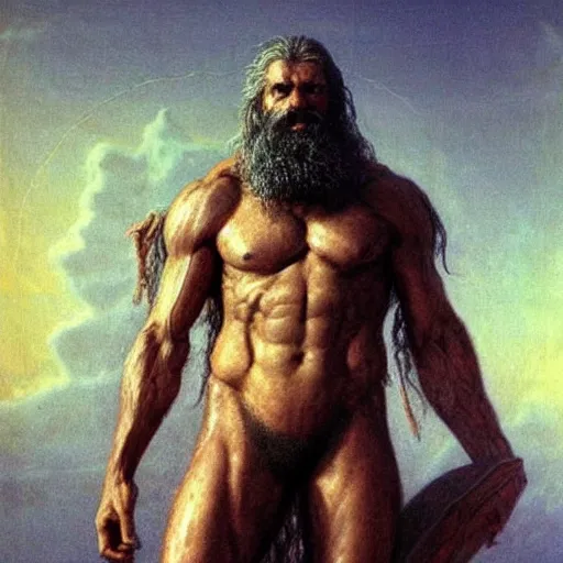 Prompt: zeus in thunder armor concept, bearded, muscular, beksinski