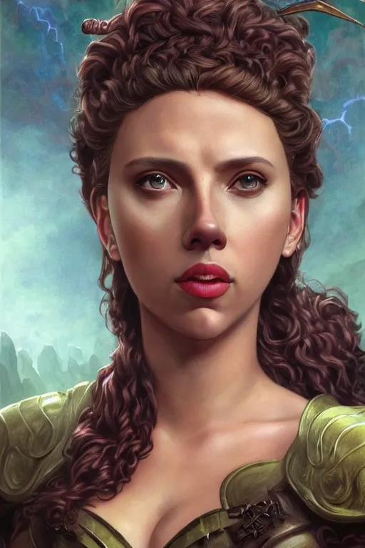 Image similar to A fantasy comic book style portrait painting of Scarlett Johansson as an Atlantean Reptilian Warrior, Mystical Valkyrie, unreal 5, DAZ, hyperrealistic, octane render, Regal, Refined, Detailed Digital Art, RPG portrait, William-Adolphe Bouguereau, Michael Cheval, Walt Disney (1937), François Boucher, Oil Painting, Steampunk, dynamic lighting, Highly Detailed, Cinematic Lighting, Unreal Engine, 8k, HD